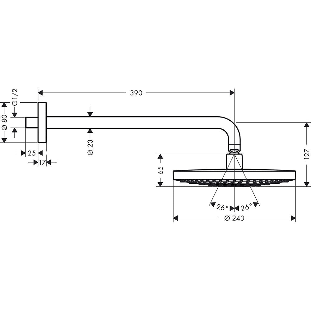 Palarie dus fix Hansgrohe Raindance Select S 240 2jet, cu brat orizontal 39 cm, alb/crom