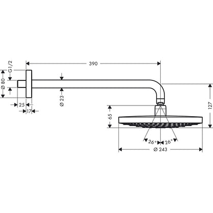 Palarie dus fix Hansgrohe Raindance Select S 240 2jet, cu brat orizontal 39 cm, crom