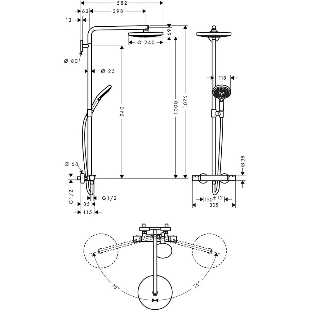 Coloana dus cu baterie si termostat Hansgrohe Raindance Select S 240 2jet, alb/crom