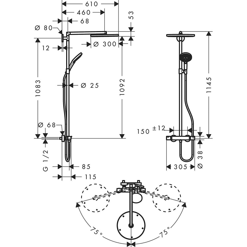 Coloana dus cu baterie si termostat Hansgrohe Raindance Select S 300 2jet, alb/crom