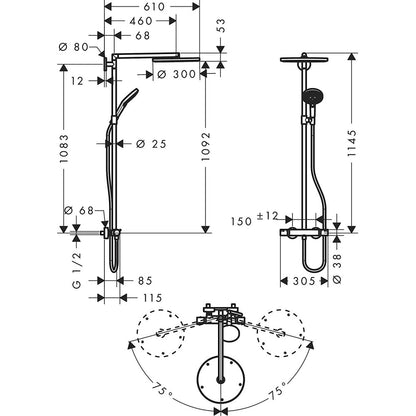 Coloana dus cu baterie si termostat Hansgrohe Raindance Select S 300 2jet, alb/crom