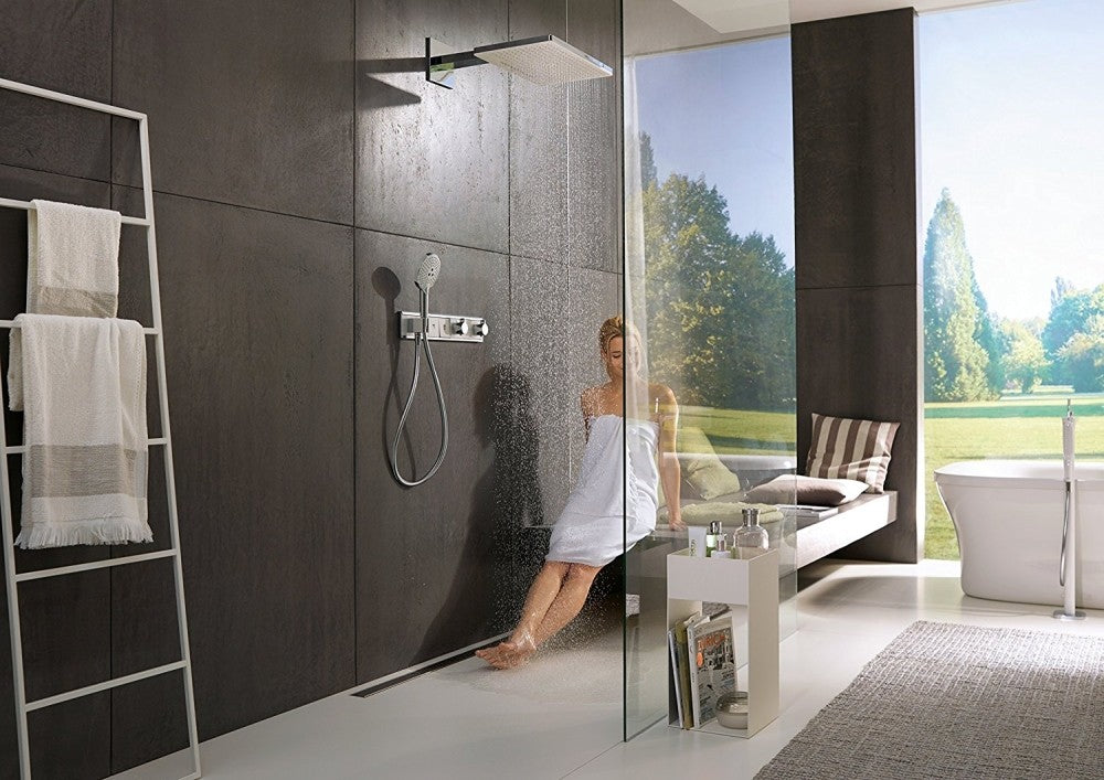 Palarie dus fix Hansgrohe Rainmaker Select 460 2jet, cu brat orizontal 46 cm, alb/crom