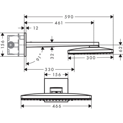 Palarie dus fix Hansgrohe Rainmaker Select 460 3jet, cu brat orizontal 46 cm, alb/crom