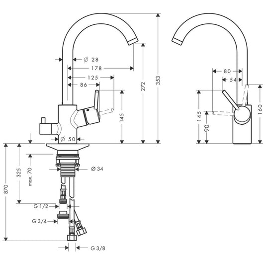 Hansgrohe Talis S Variarc Baterie chiuveta bucatarie monocomanda cu supapa inchidere, H35 cm, crom