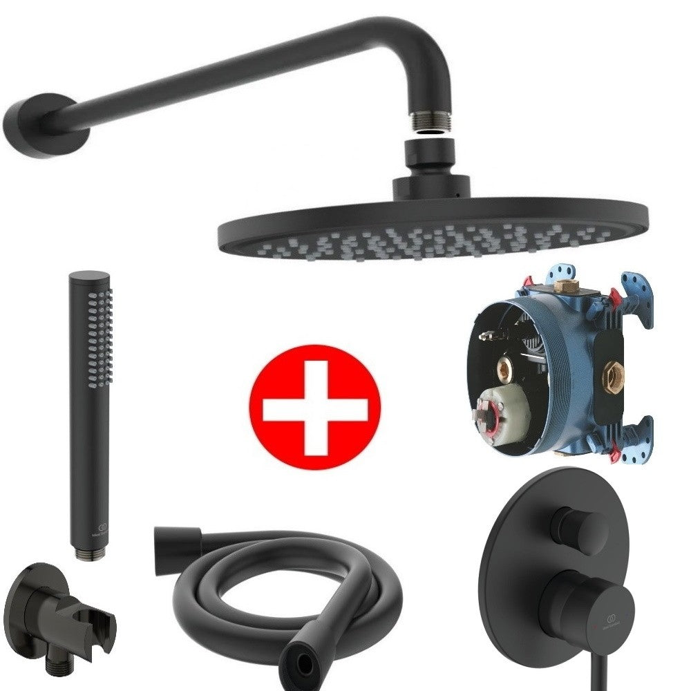 Set promo Sistem dus incastrat fara termostat Ideal Standard IdealRain, cu baterie rotunda, negru mat