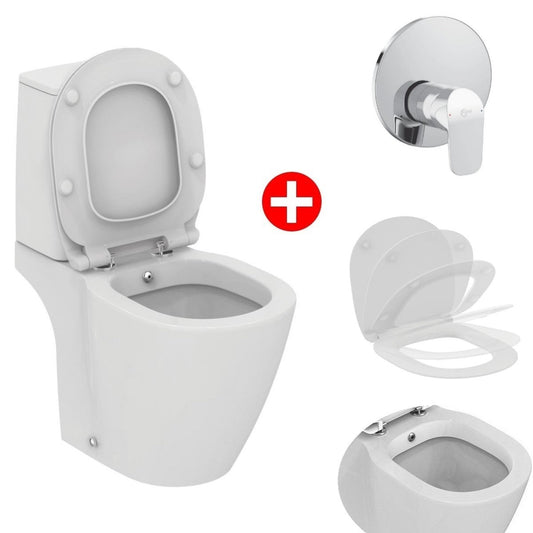 Set promo Vas WC cu bideu pe pardoseala cu rezervor aparent, baterie si capac soft close Ideal Standard Connect 37x67 cm evacuare orizontala