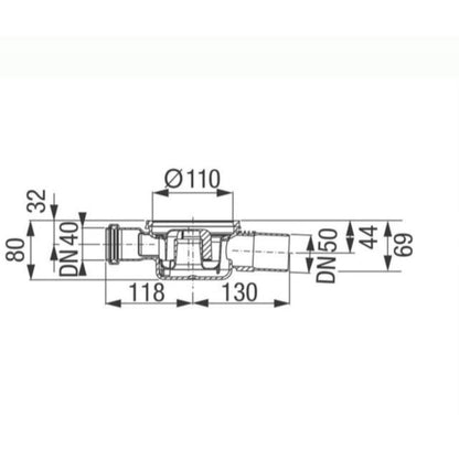 Corp sifon de pardoseala Kessel Superflat de trecere, intrare laterala Ø4 cm