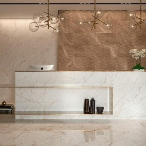 Gresie exterior / interior portelanata rectificata alba 75x150 cm, Marazzi Allmarble Golden White Lux