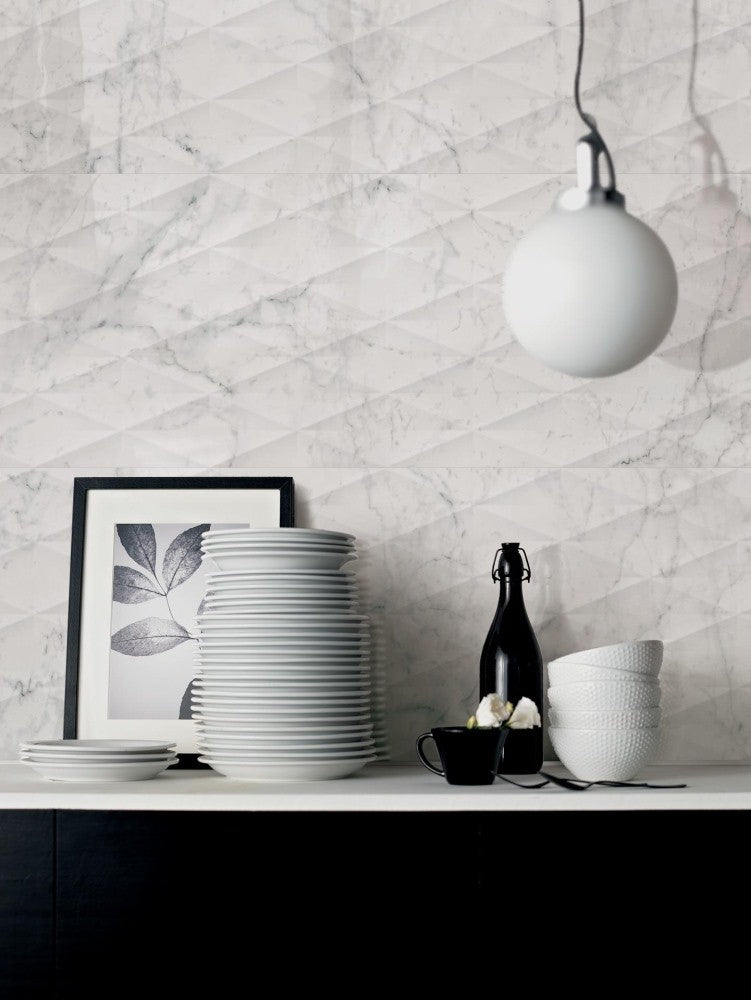 Faianta baie / bucatarie rectificata alba 40x120 cm, Marazzi Allmarble Wall Altissimo Satin Struttura Pave 3D