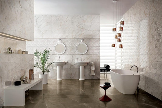 Faianta baie / bucatarie rectificata alba 40x120 cm, Marazzi Allmarble Wall Golden White Lux Struttura Pave 3D
