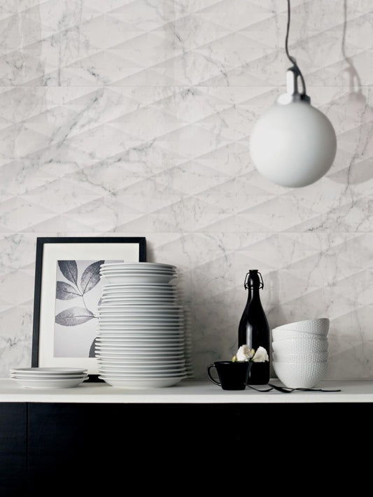 Faianta baie / bucatarie rectificata alba 40x120 cm, Marazzi Allmarble Wall Statuario Lux Struttura Pave 3D