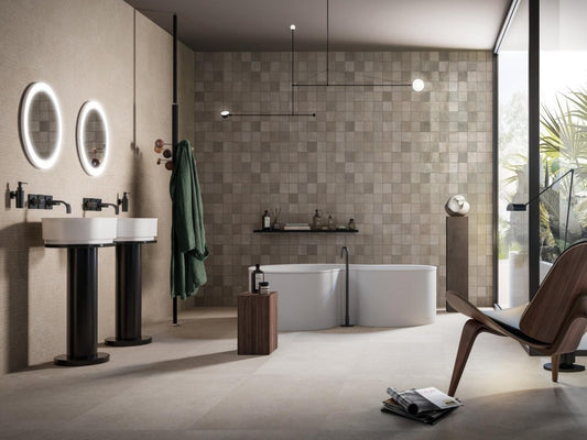 Faianta baie / bucatarie rectificata gri 60x180 cm, Marazzi Magnifica Limestone Taupe Strutturato Mikado 3D