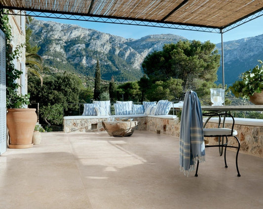 Gresie exterior portelanata rectificata crem 120x120 cm, Marazzi Mystone Limestone Ivory Strutturato