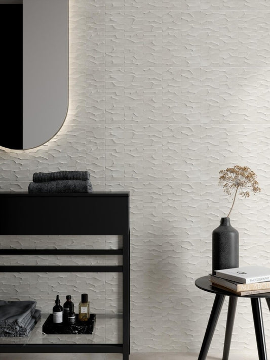 Faianta baie / bucatarie rectificata alba 30x90 cm, Marazzi Puro Plaza Wall White Struttura Range 3D