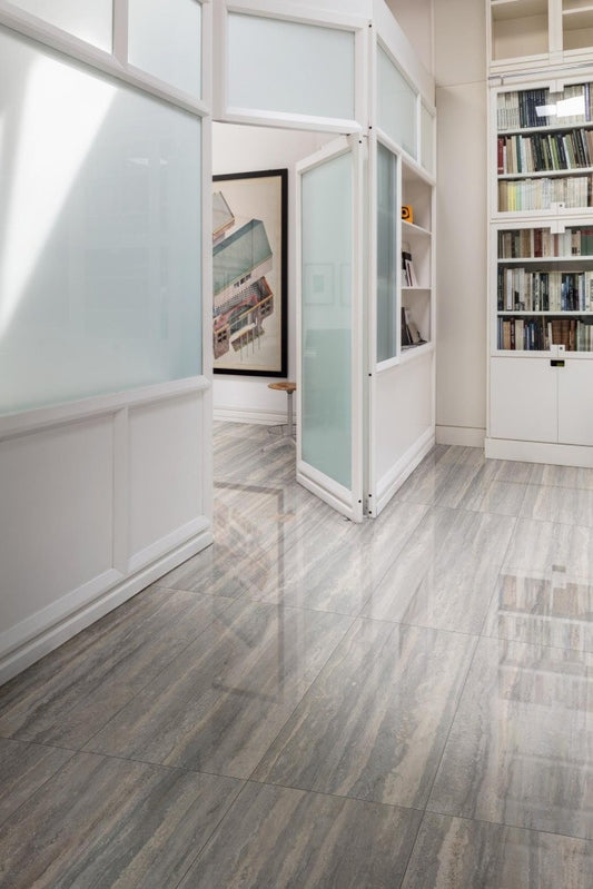 Gresie interior portelanata rectificata gri 60x120 cm, Marazzi Mystone Travertino Silver Lux