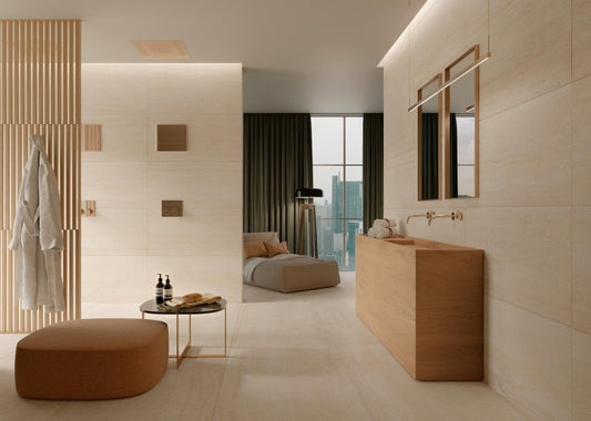 Faianta baie / bucatarie rectificata crem 60x120 cm, Marazzi Mystone Travertino Navona Struttura Scalpello 3D
