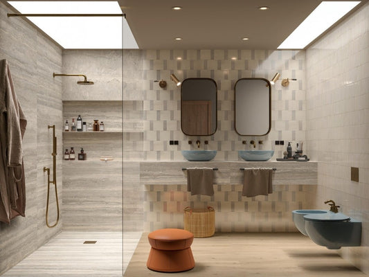Faianta baie / bucatarie rectificata gri 60x120 cm, Marazzi Mystone Travertino Silver Struttura Scalpello 3D