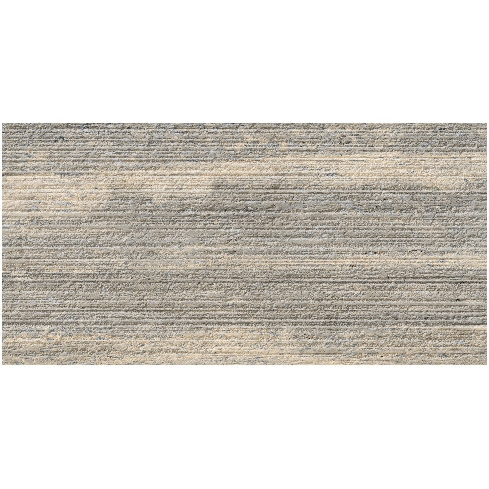 Faianta baie / bucatarie rectificata gri 30x60 cm, Marazzi Mystone Travertino Silver Struttura Righe 3D