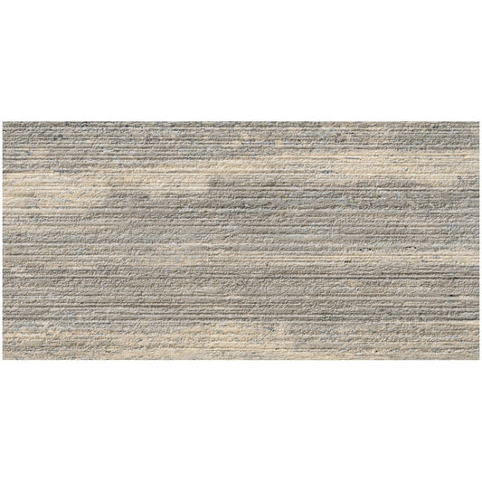 Faianta baie / bucatarie rectificata gri 30x60 cm, Marazzi Mystone Travertino Silver Struttura Righe 3D