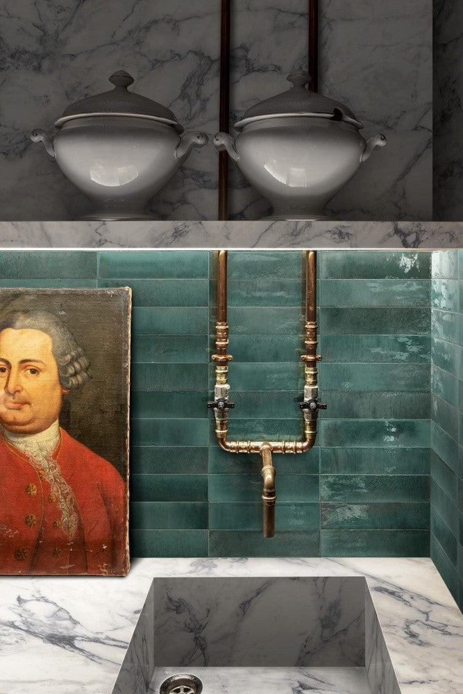 Gresie interior portelanata albastra 6x24 cm, Marazzi Lume Turquoise Lux