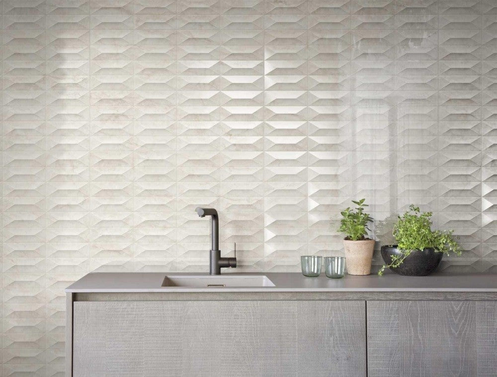 Faianta baie / bucatarie rectificata alba 30x90 cm, Marazzi Marbleplay Struttura 3D Gem Calacatta