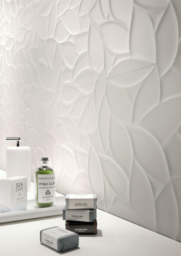 Faianta baie / bucatarie rectificata alba 40x120 cm, Marazzi Essenziale Struttura Flora 3D Satinato