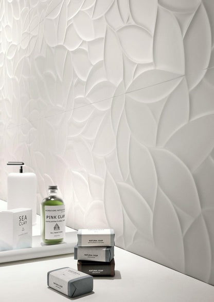 Faianta baie / bucatarie rectificata alba 40x120 cm, Marazzi Essenziale Struttura Flora 3D Satinato