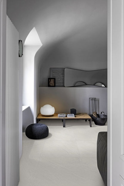 Gresie exterior / interior portelanata rectificata alba 75x75 cm, Marazzi Mystone Lavagna Bianco