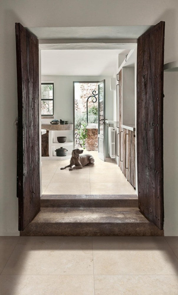 Gresie exterior portelanata rectificata crem 75x75 cm, Marazzi Mystone Limestone Ivory Strutturato
