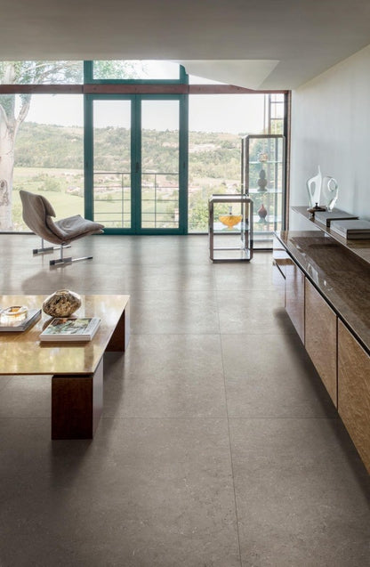 Gresie exterior portelanata rectificata gri 75x75 cm, Marazzi Mystone Limestone Taupe Strutturato