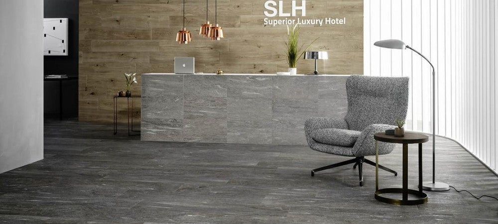 Gresie exterior / interior portelanata rectificata gri 30x120 cm, Marazzi Pietra di Vals Greige