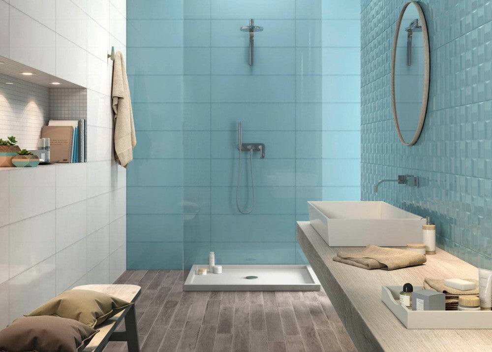 Faianta baie / bucatarie albastra 25x76 cm, Marazzi Pottery Struttura Cube Turquoise