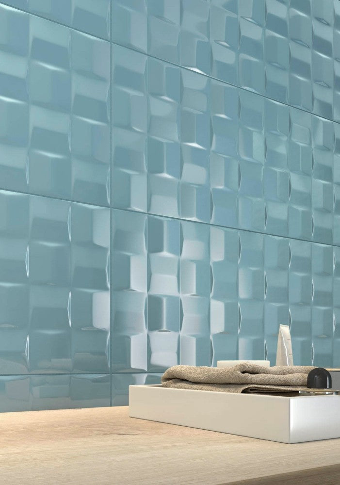 Faianta baie / bucatarie albastra 25x76 cm, Marazzi Pottery Struttura Cube Turquoise