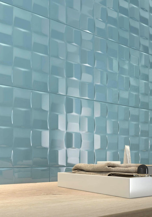 Faianta baie / bucatarie albastra 25x76 cm, Marazzi Pottery Struttura Cube Turquoise