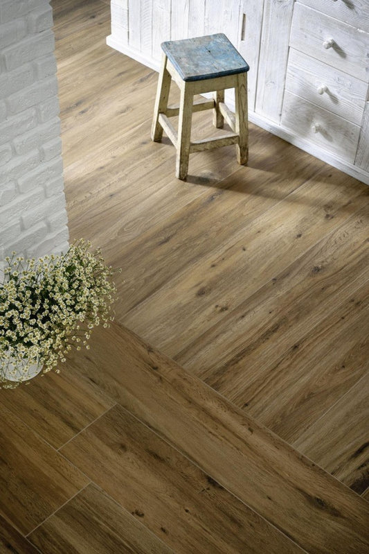 Gresie exterior / interior portelanata rectificata maro 37.5x150 cm, Marazzi Treverktrend Rovere Scuro