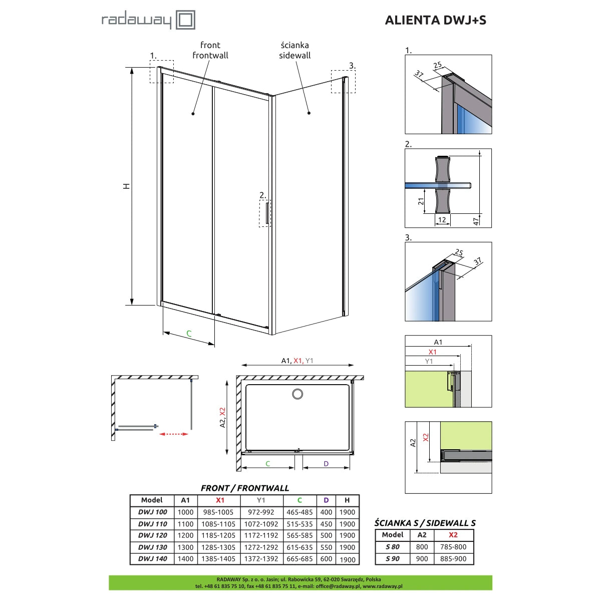 Radaway Alienta Brushed Light Gold DWJ+S - desen tehnic