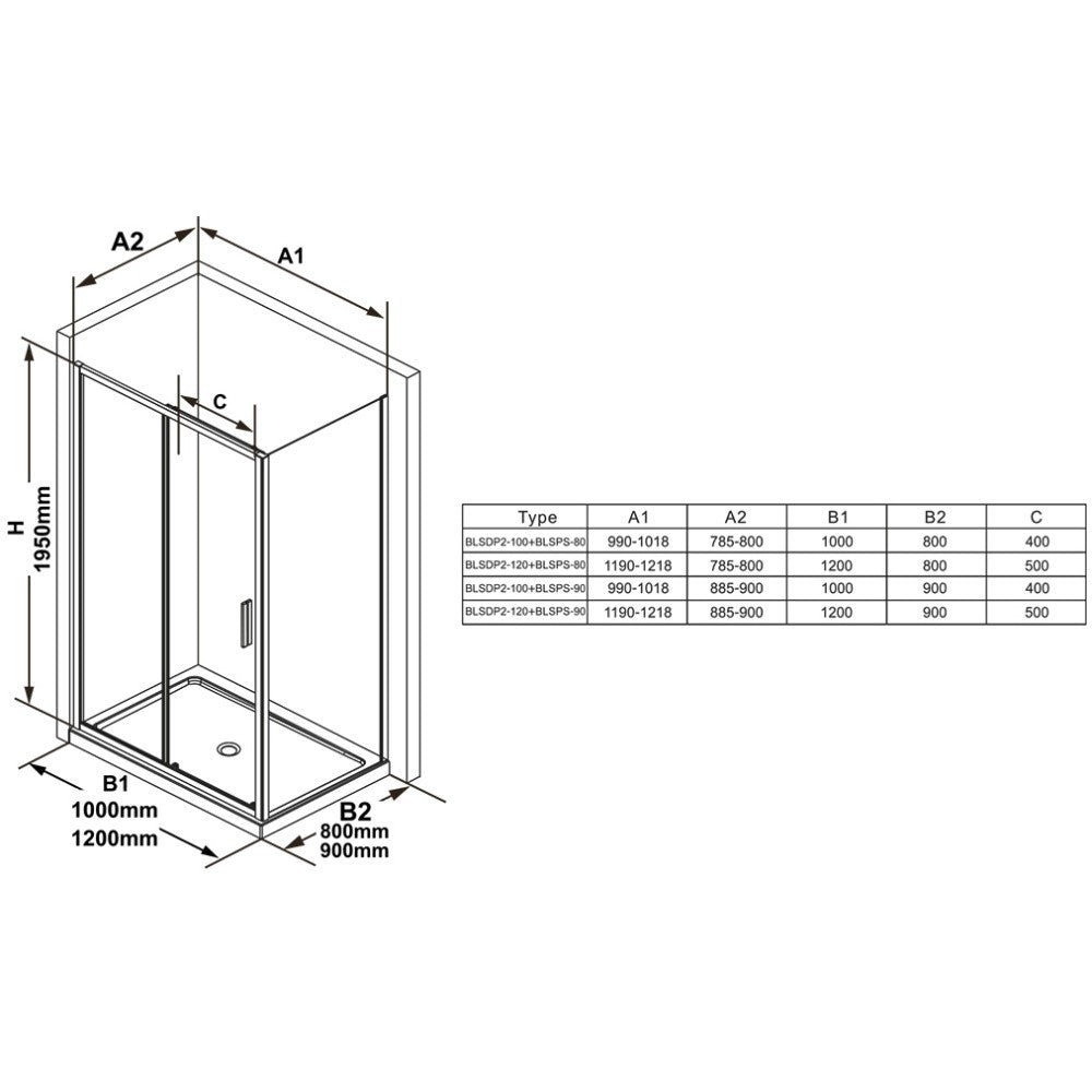 Cabina dus dreptunghiulara cu usa glisanta Ravak Blix BLSDP2+BLSPS Slim 100x90 cm, profil crom