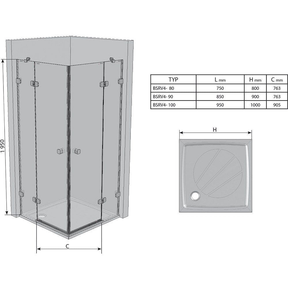 Cabina dus patrata cu usi batante Ravak Brilliant BSRV4 100x100 cm, profil crom