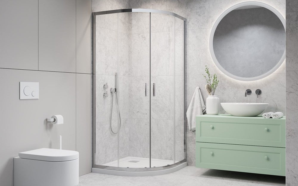 Set promo Cabina dus semirotunda cu usi glisante Radaway Alienta A900 90x90 cm, cadita si sifon