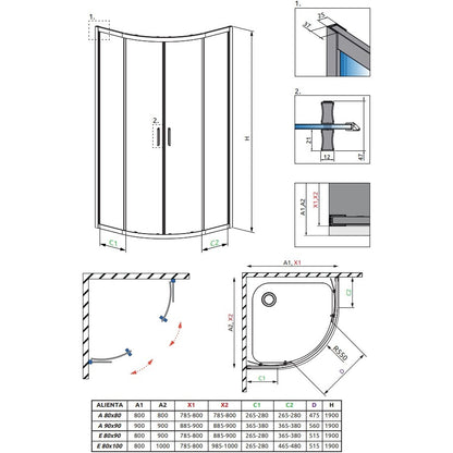 Set promo Cabina dus semirotunda cu usi glisante Radaway Alienta A900 90x90 cm, cadita si sifon