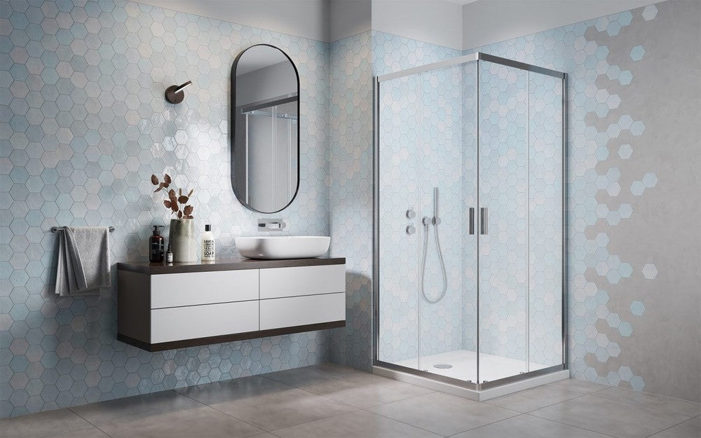 Set promo Cabina dus patrata cu usi glisante Radaway Alienta C900 90x90 cm, cadita si sifon