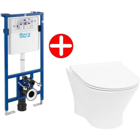 Set promo Vas WC suspendat cu rezervor incastrat si capac soft close Roca Nexo Rimless 36x53 cm evacuare orizontala