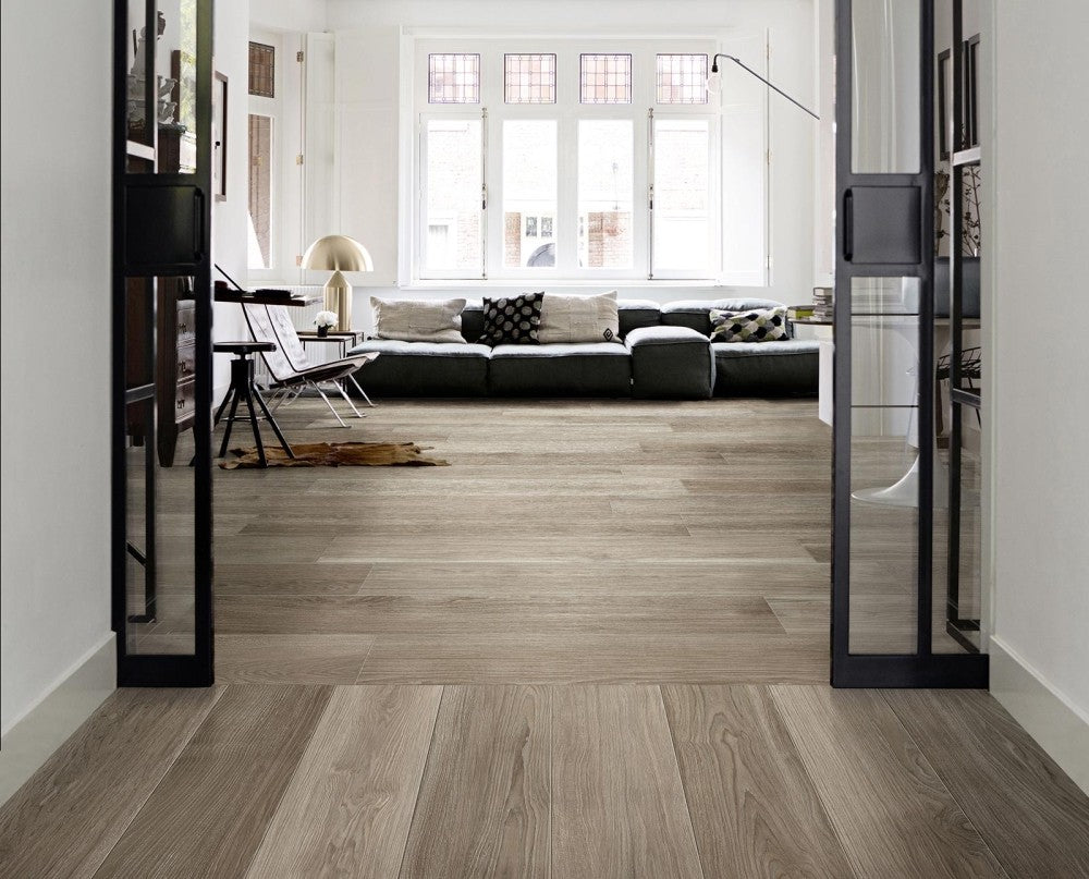 Gresie interior portelanata rectificata gri 25x150 cm, Marazzi Treverkmust Taupe Selection
