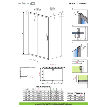 Cabina dus dreptunghiulara cu usa glisanta Radaway Alienta Brushed GunMetal DWJ+S 100x90 cm, profil antracit periat - desen tehnic