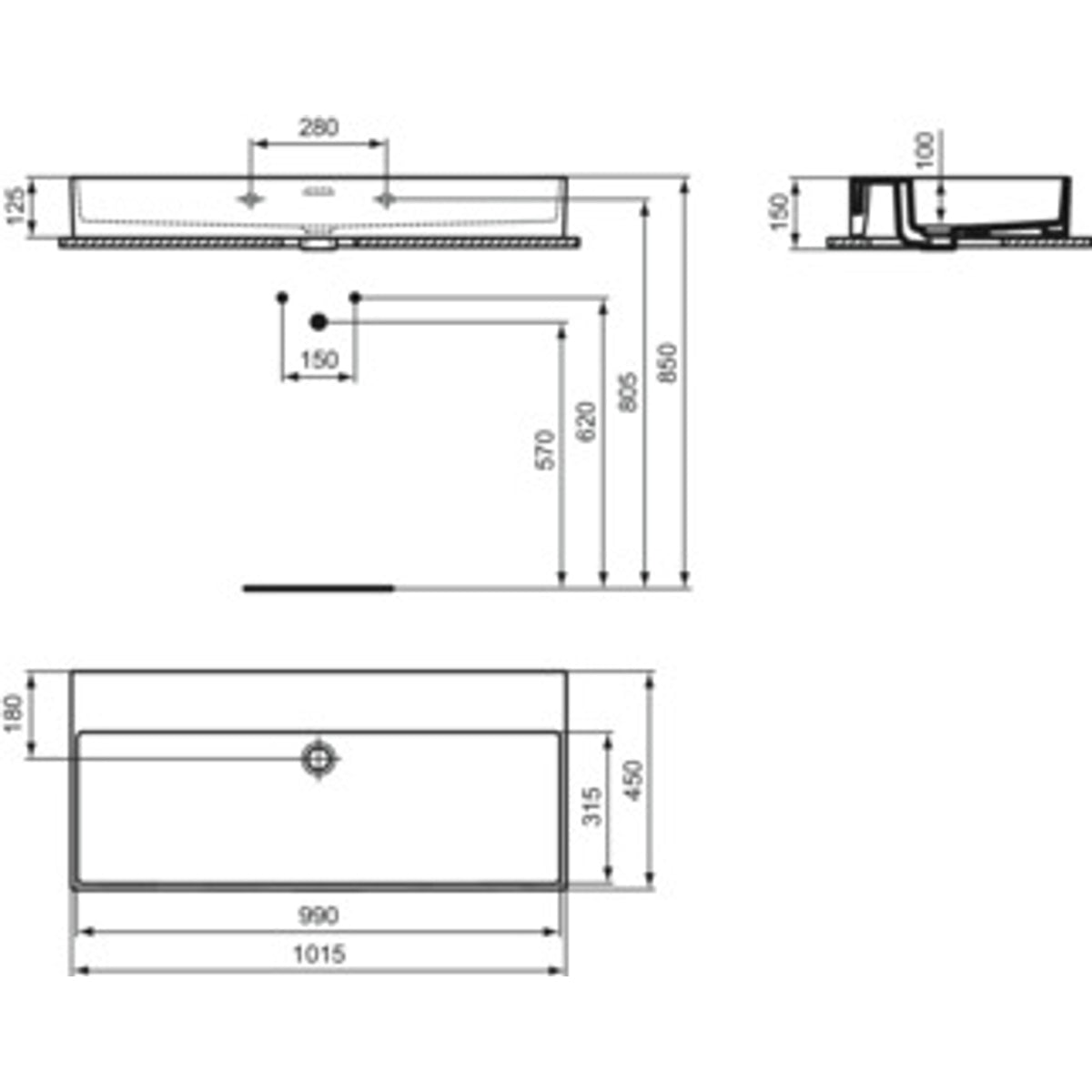 Schita tehnica Lavoar baie suspendat Ideal Standard Extra 102x45 cm, fara orificiu pentru baterie