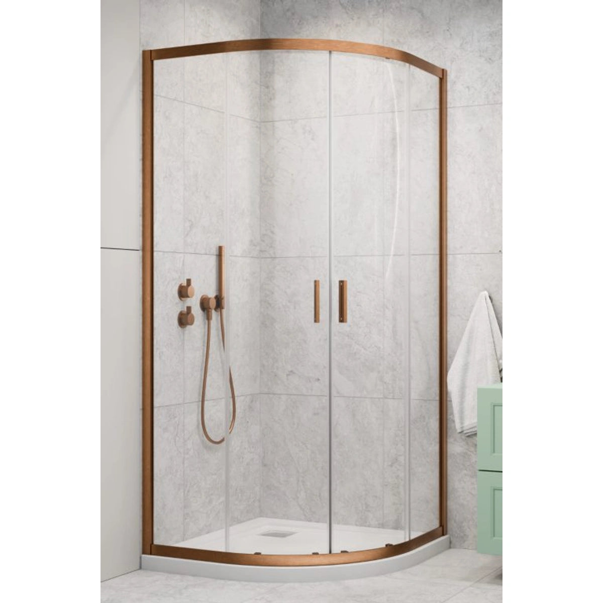 Cabina dus semirotunda cu usi glisante Radaway Alienta Brushed Copper A 90x90 cm, profil cupru periat