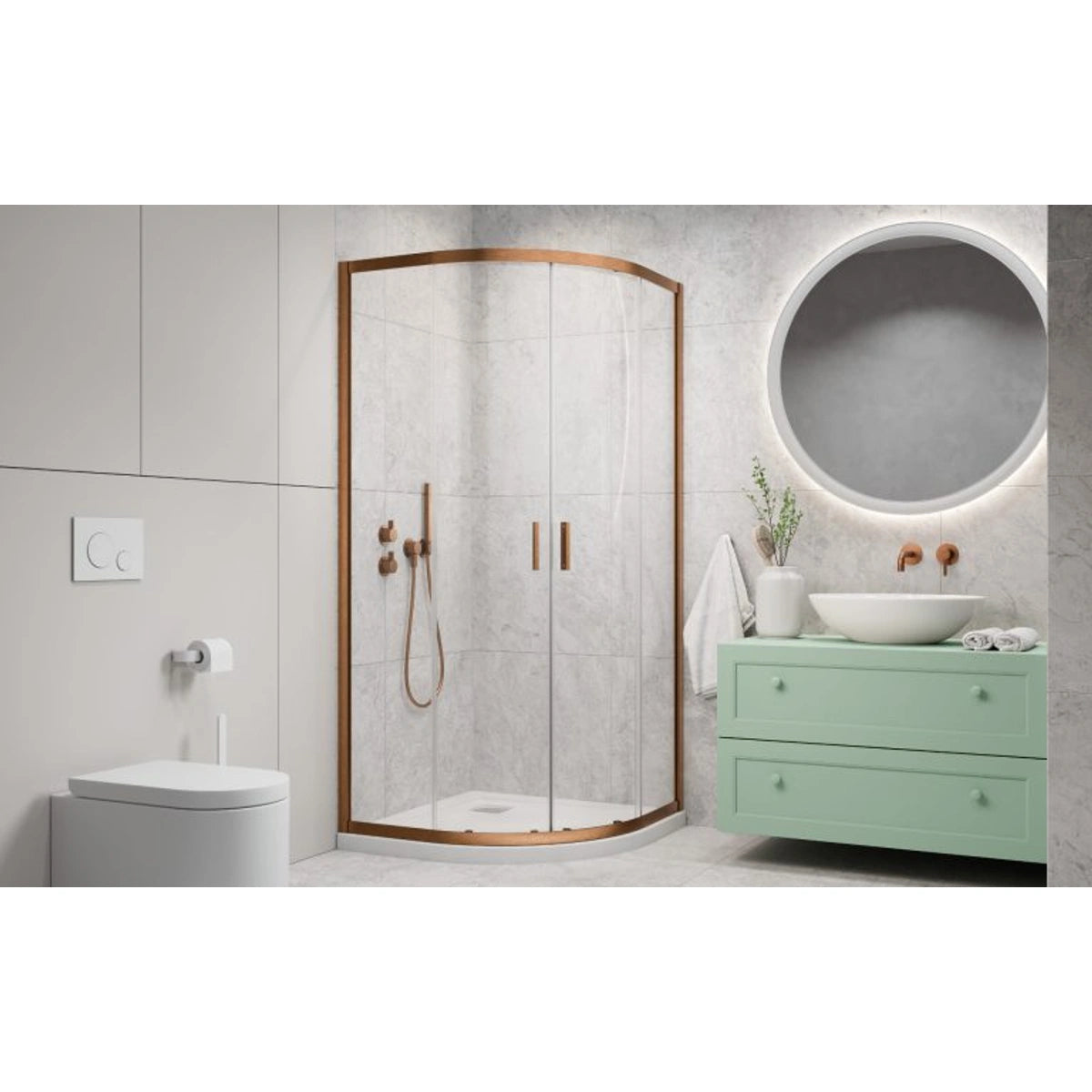 Cabina dus semirotunda cu usi glisante Radaway Alienta Brushed Copper A 90x90 cm, profil cupru periat - ambient baie