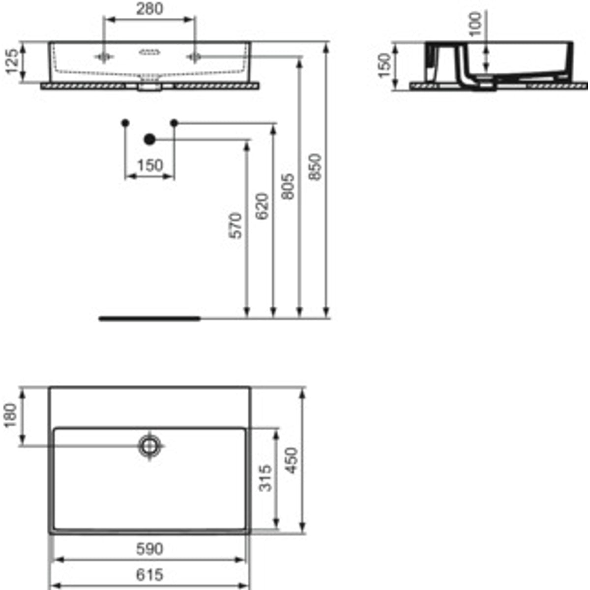 Schita tehnica Lavoar baie suspendat Ideal Standard Extra 62x45 cm, fara orificiu pentru baterie