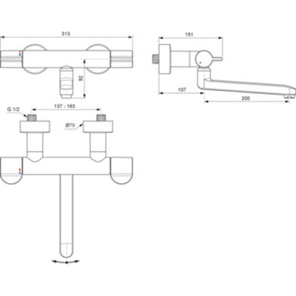 Schita tehnica Ideal Standard Ceraplus Safe Baterie chiuveta bucatarie cu termostat, montaj pe perete, crom