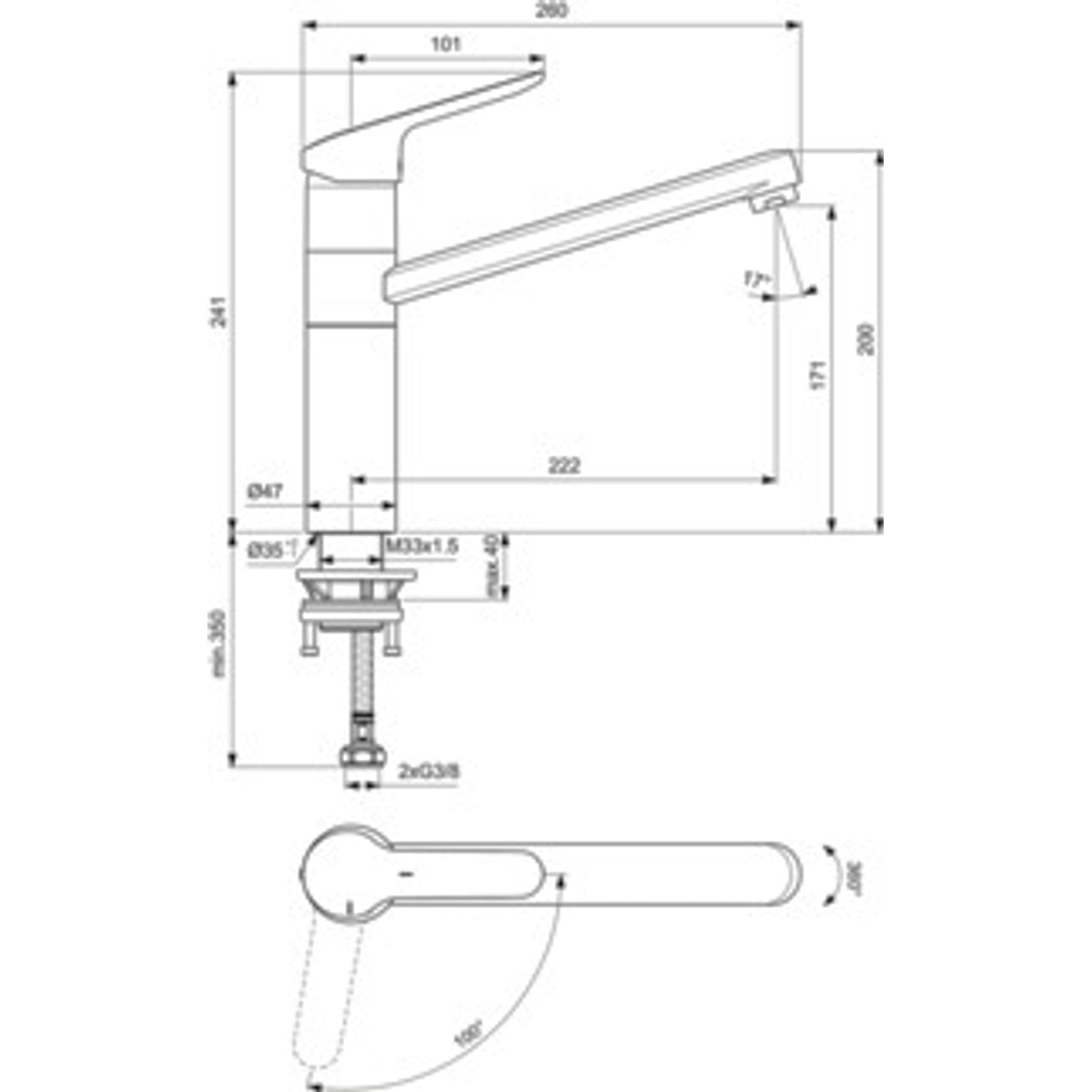 Schita tehnica Ideal Standard Ceraflex Baterie chiuveta bucatarie monocomanda cu pipa inalta, crom